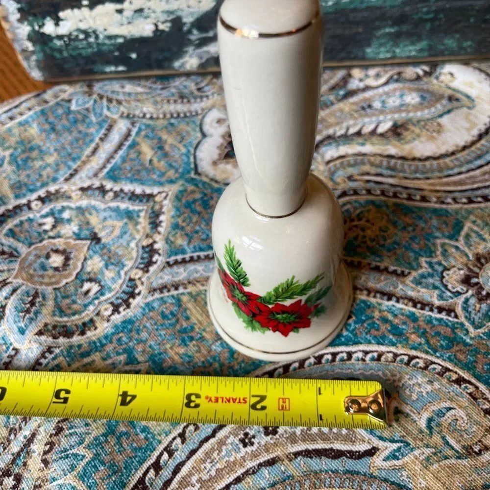 Christmas Hand Bell 1976 Poinsettia Porcelain Gold Trim 5.5 Inch